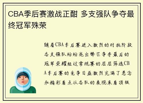 CBA季后赛激战正酣 多支强队争夺最终冠军殊荣