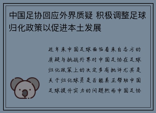 中国足协回应外界质疑 积极调整足球归化政策以促进本土发展 中国足协回应外界质疑 积极调整足球归化政策以促进本土发展